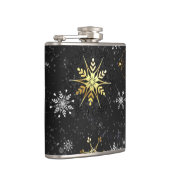 Kerstmis Gouden Sneeuwvlokken op Zwarte Achtergron Heupfles (Rechts)