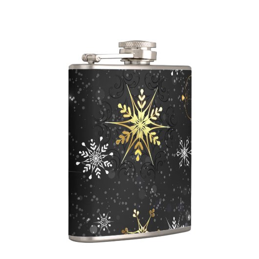 Kerstmis Gouden Sneeuwvlokken op Zwarte Achtergron Heupfles (Rechts)