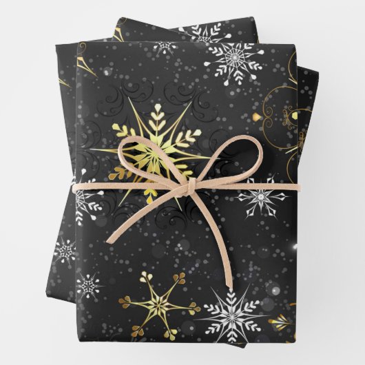 Kerstmis Gouden Sneeuwvlokken op Zwarte Achtergron Inpakpapier Vel (In situ)