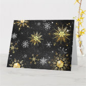 Kerstmis Gouden Sneeuwvlokken op Zwarte Achtergron Kaart (Gele Bloem)