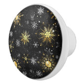 Kerstmis Gouden Sneeuwvlokken op Zwarte Achtergron Keramische Knop (Rechts)