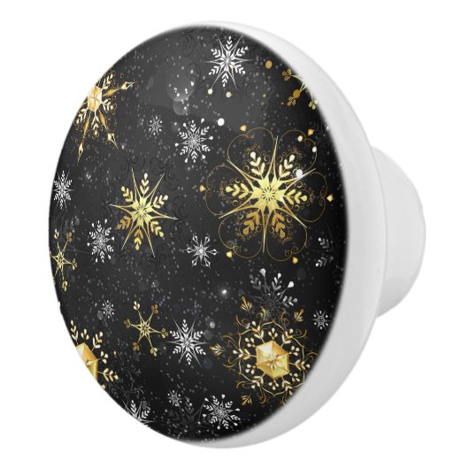 Kerstmis Gouden Sneeuwvlokken op Zwarte Achtergron Keramische Knop (Rechts)