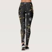 Kerstmis Gouden Sneeuwvlokken op Zwarte Achtergron Leggings (Achterkant)