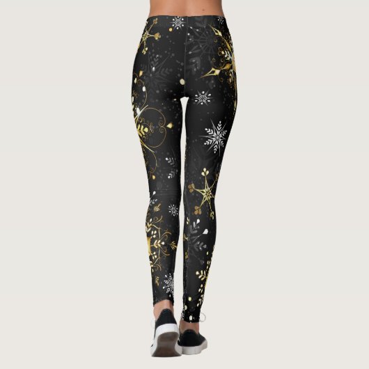 Kerstmis Gouden Sneeuwvlokken op Zwarte Achtergron Leggings (Achterkant)