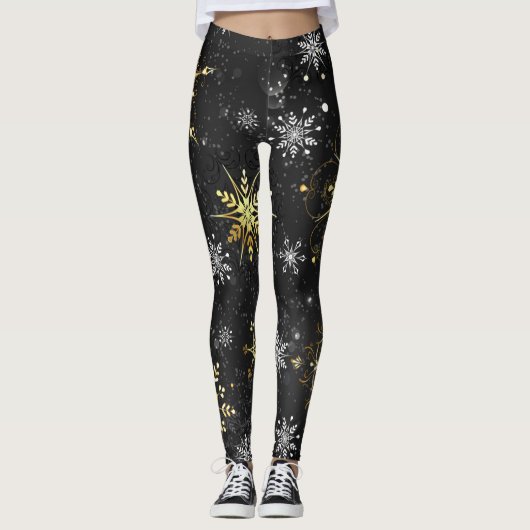 Kerstmis Gouden Sneeuwvlokken op Zwarte Achtergron Leggings (Voorkant)