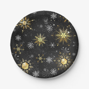 Kerstmis Gouden Sneeuwvlokken op Zwarte Achtergron Papieren Bordje