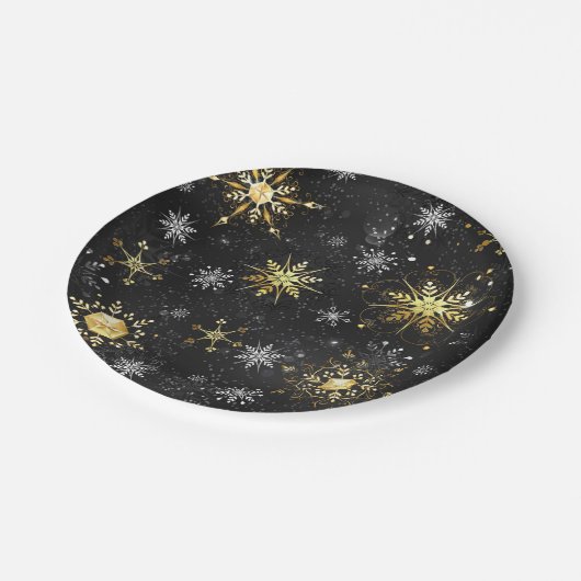 Kerstmis Gouden Sneeuwvlokken op Zwarte Achtergron Papieren Bordje (Gekanteld)
