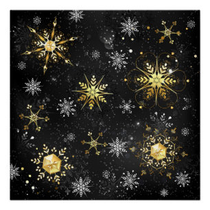 Kerstmis Gouden Sneeuwvlokken op Zwarte Achtergron Perfect Poster