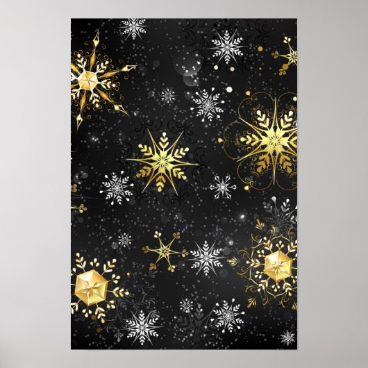 Kerstmis Gouden Sneeuwvlokken op Zwarte Achtergron Poster (Voorkant)