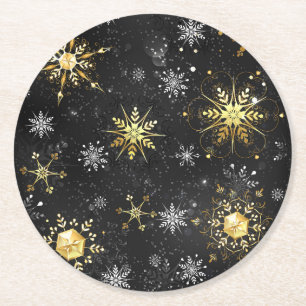Kerstmis Gouden Sneeuwvlokken op Zwarte Achtergron Ronde Kartonnen Onderzetter