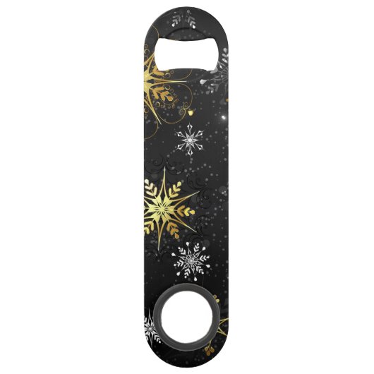 Kerstmis Gouden Sneeuwvlokken op Zwarte Achtergron Speed Flessenopener (Voorkant)