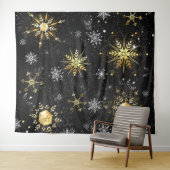 Kerstmis Gouden Sneeuwvlokken op Zwarte Achtergron Wandkleed (In Situ (horizontaal))
