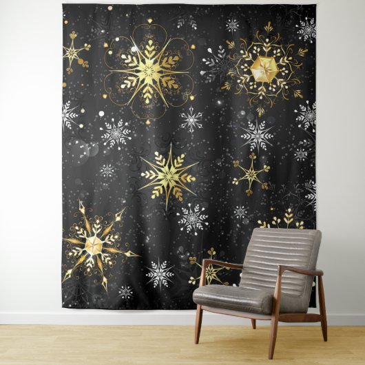 Kerstmis Gouden Sneeuwvlokken op Zwarte Achtergron Wandkleed (In situ)