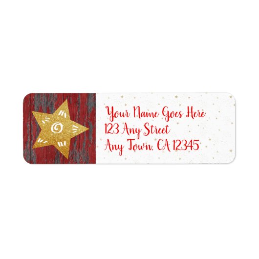 Kerstmis gouden ster rustiek land rood hout script etiket (Voorkant)