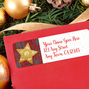 Kerstmis gouden ster rustiek land rood hout script etiket