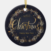 Kerstmis Gouden Typografie Witte Sneeuwvlokken Bla Keramisch Ornament (Voorkant)