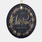 Kerstmis Gouden Typografie Witte Sneeuwvlokken Bla Keramisch Ornament (Links)