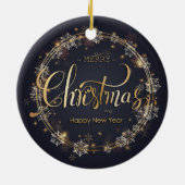Kerstmis Gouden Typografie Witte Sneeuwvlokken Bla Keramisch Ornament (Achterkant)