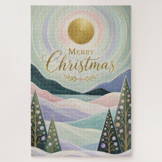 Kerstmis Gouden Zon Pastel Berglandschap Legpuzzel (Verticaal)