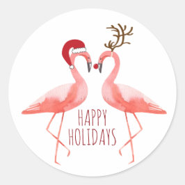Kerstmis grappige flamingo's paar santa en rudolph ronde sticker