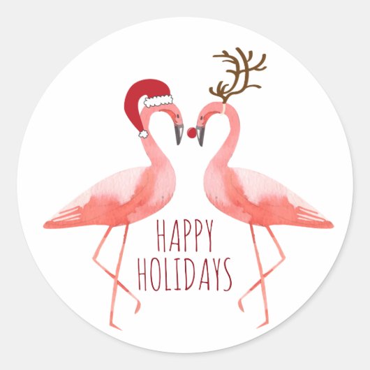 Kerstmis grappige flamingo's paar santa en rudolph ronde sticker (Voorkant)