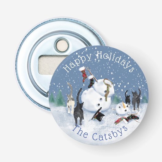Kerstmis Grappige Kat sneeuwpop 5 Button Flesopener (Voorkant)