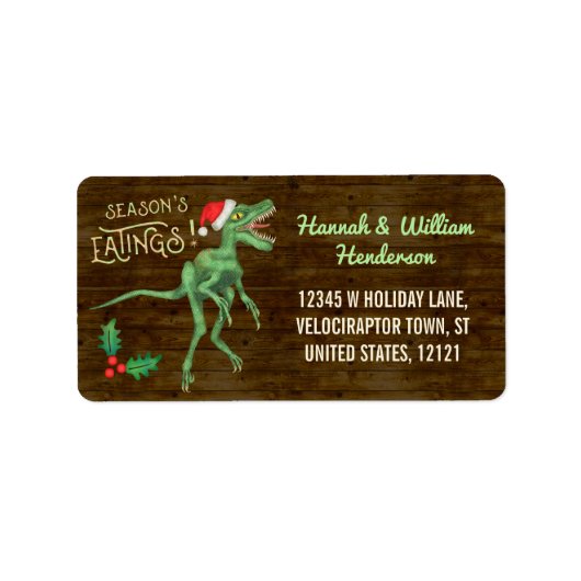 Kerstmis Grappige Velociraptor Dinosaurus Aangepas Etiket (Voorkant)