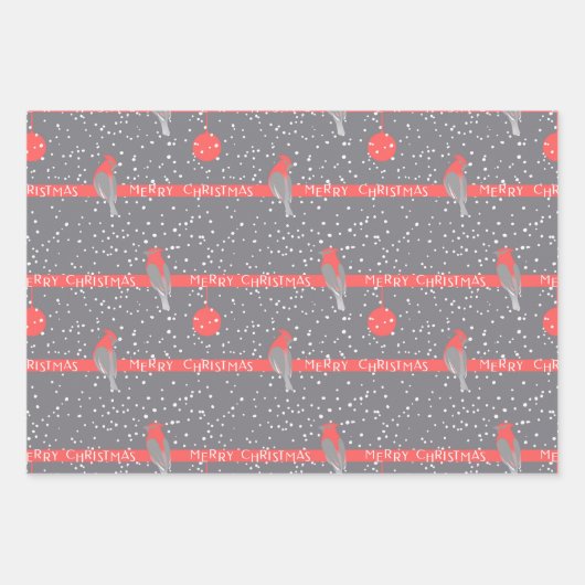 Kerstmis grijs wit rood vogels dennenbomen inpakpapier vel (Voorkant)