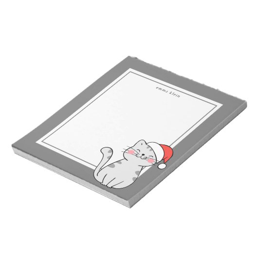 Kerstmis Grijze Kat Aangepaste Naam Notitieblok (Linkerzijde)