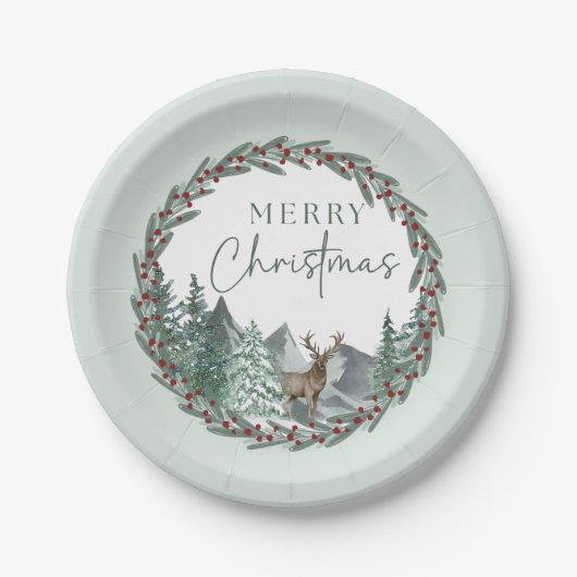 Kerstmis Groen Aquarel Dennenbos Vakantie Papieren Bordje (Voorkant)