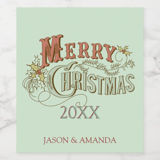 Kerstmis groen en bruin tekstontwerp wijn etiket (Enkel label)