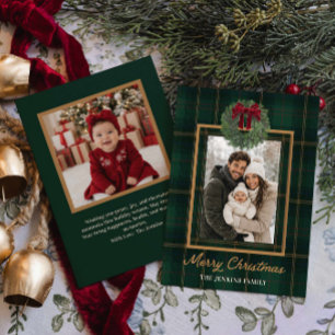 Kerstmis groen geruit en krans foto kaart