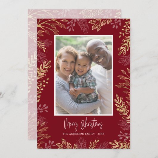 Kerstmis groen goud en rood 2 foto's feestdagenkaart (Voorkant / Achterkant)