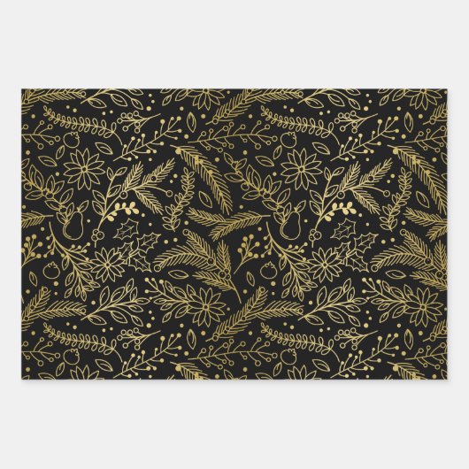 Kerstmis Groen Goud Zwart Winter Botanisch Inpakpapier Vel (Voorkant 3)