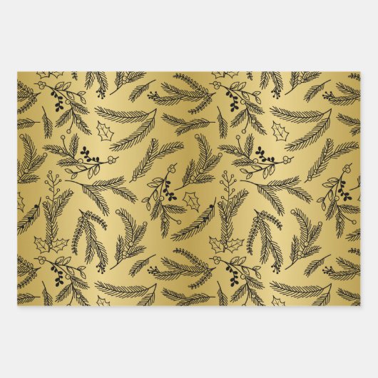 Kerstmis Groen Goud Zwart Winter Botanisch Inpakpapier Vel (Voorkant 2)