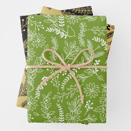 Kerstmis Groen Goud Zwart Winter Botanisch Inpakpapier Vel (In situ)