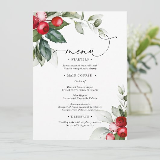 Kerstmis groen & rode bessen bruiloft Menu (Staand voorkant)