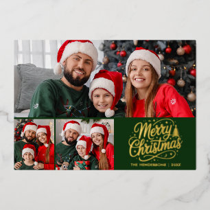 Kerstmis Groen Script 3 Familie Foto Folie Feestdagenkaart