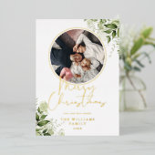 Kerstmis Groene Gouden Ring Foto Folie Feestdagenkaart (Staand Voorkant)