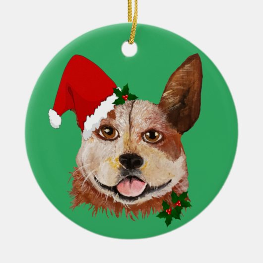 Kerstmis: groene kattenhond kersthat keramisch ornament (Voorkant)