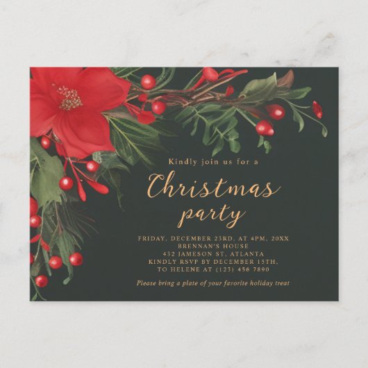 Kerstmis Groene Rode Botanische Feestdag Uitnodiging Briefkaart (Voorkant)