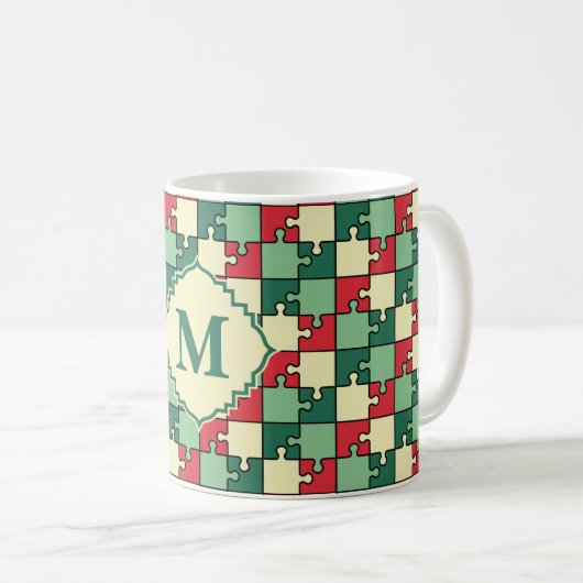 Kerstmis Groene Rode Puzzel Stuk Monogram Koffiemok (Voorkant rechts)