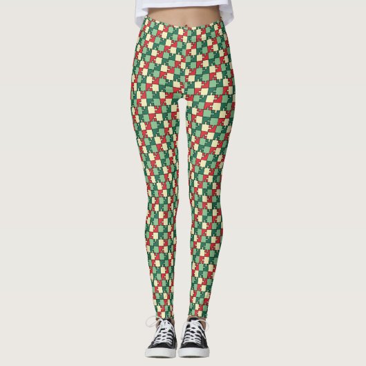 Kerstmis Groene Rode Puzzel Stuk Monogram Leggings (Voorkant)