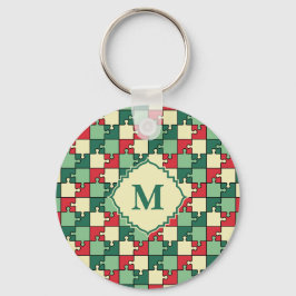 Kerstmis Groene Rode Puzzel Stuk Monogram Sleutelhanger