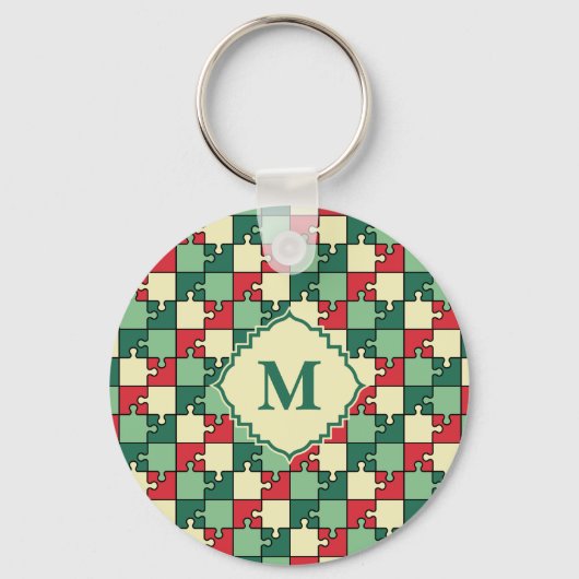 Kerstmis Groene Rode Puzzel Stuk Monogram Sleutelhanger (Voorkant)