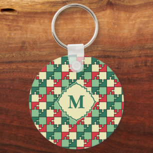 Kerstmis Groene Rode Puzzel Stuk Monogram Sleutelhanger