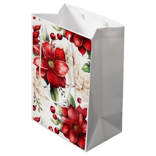 Kerstmis Grote Bloem Poinsettia Rood Groen Patroon Medium Cadeauzakje (Achterkant Gekanteld)