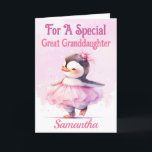 Kerstmis Grote kleindochter Penguin Ballerina Feestdagen Kaart<br><div class="desc">Een schattige kerstkaart ontworpen voor een speciale achterkleindochter. Ontwerp van een baby pinguïn gekleed als ballerina in een roze tutu met een bleke roze en witte besneeuwde achtergrond. Alle teksten kunnen zo nodig worden gewijzigd. Gepersonaliseerd door de titel te wijzigen en wie voor vervolgens personaliseren met een naam en inside...</div>