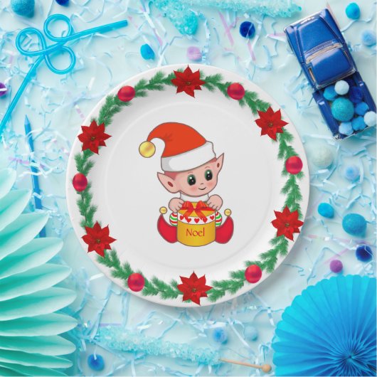 Kerstmis, grove pijnbomen, poinsettias en ballen P Papieren Bordje (Feest)