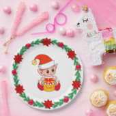 Kerstmis, grove pijnbomen, poinsettias en ballen P Papieren Bordje (Feest)